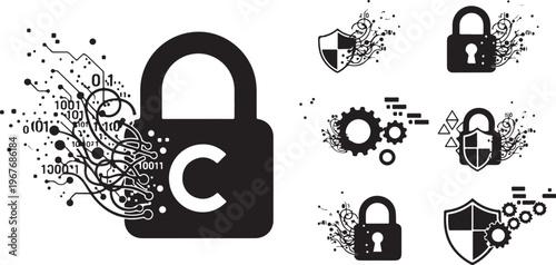 Cyber security concept with padlock and code explosion graphics