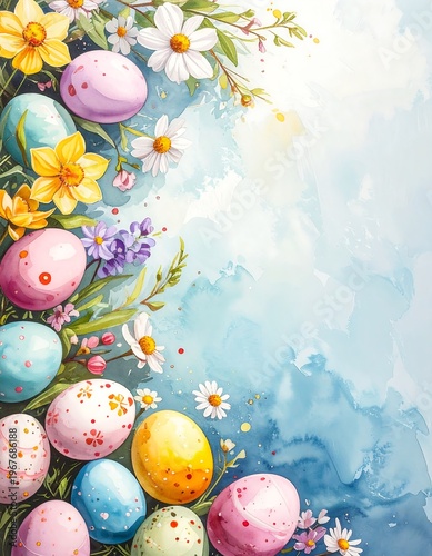 Easter eggs and flowers colorful border.