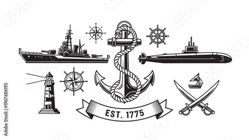 Historical Naval Emblem Featuring Ships, Anchors, and Nautical Symbols from 1775.
