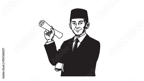 Young Man Wearing Traditional Cap and Suit Holding a Glass of Water.