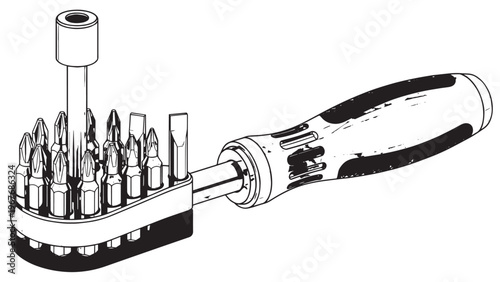 Electric screwdriver with multiple screwdriver bits in a stand for repair and assembly tasks.