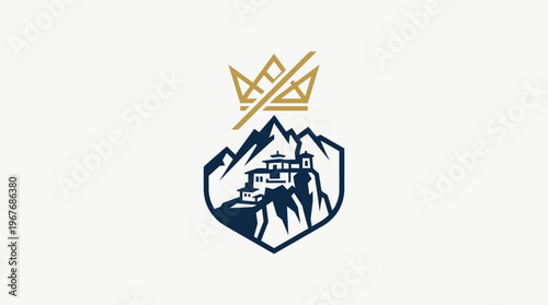Elegant Emblem Featuring Mountains Temple and Crown