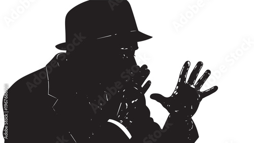 Silhouette of a person wearing a hat and glasses making a gesture with their hand.
