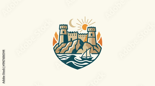 Coastal Castle Emblem with Sun Moon and Sailboat