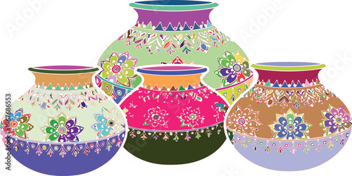 Four colorful decorated clay pots with floral patterns and geometric borders