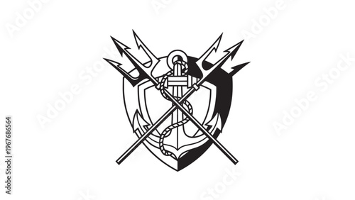 Heraldic shield with crossed swords and a crown, symbolizing authority and protection.