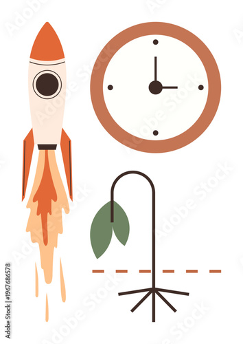Business growth, time management, environmental issues, sustainability, progress, decline. Rocket blasting off, clock and a drooping plant. Business growth and time management concepts
