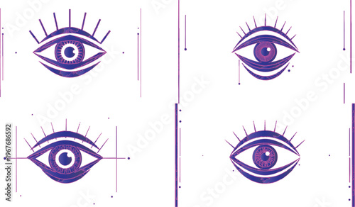 Four stylized purple eyes with eyelashes and geometric line on white background