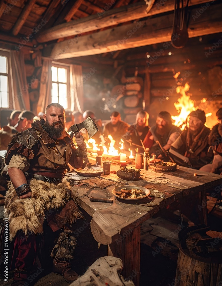 Obraz premium Viking Feast in a Rustic Wooden Hall with Fireplace and Candles.