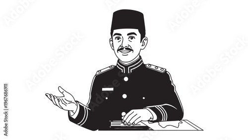 Illustration of a Man in Traditional Clothing Gesturing with Hand.