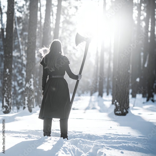 Warrior woman with axe in snowy forest at sunrise.
