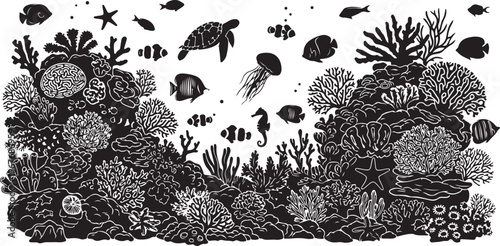 Underwater ocean scene with coral reef and various sea creatures illustration