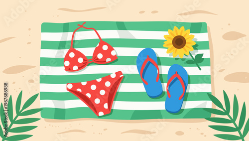Bikini set on tropical towel with flip flops and sunflower on sandy beach for summer vacation and holiday relaxation concept