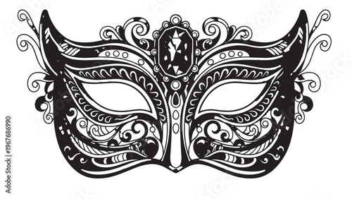 Intricate Black and White Venetian Mask with Ornate Detailing for Costume and Celebration.