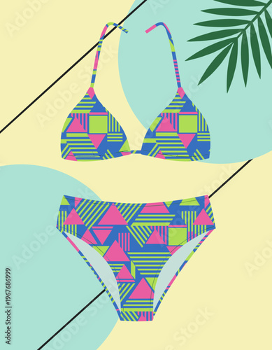 Bikini with geometric pattern and vibrant colors on abstract background for trendy fashion and beachwear design illustration