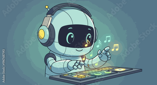 Cute robot DJ with headphones mixing music on a futuristic console, glowing notes floating