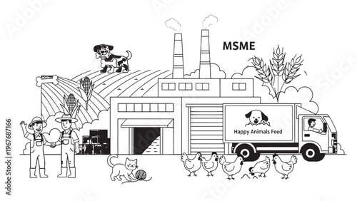 Illustration of a factory with smokestacks, workers, and delivery truck in a cartoon style.
