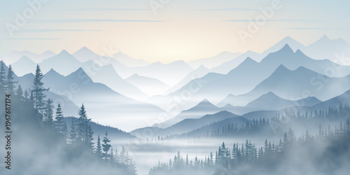 Sunrise in the mountains, wild forest, misty silhouettes of ridges, fog in the valley, vector illustration