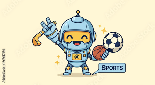 Cute Robot Holding Sports Balls and Hockey Stick, Victory Sign
