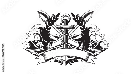 Traditional nautical tattoo design featuring an anchor with roses and waves, symbolizing maritime heritage and love for the sea.