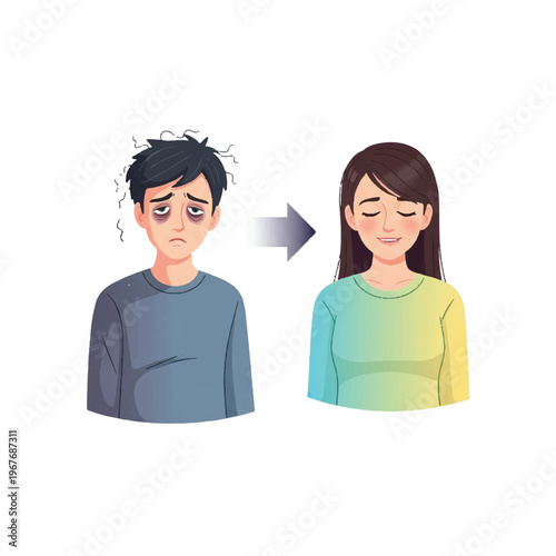 Illustration of a stressed man transforming into a relaxed woman with a calm expression against a clean white background.