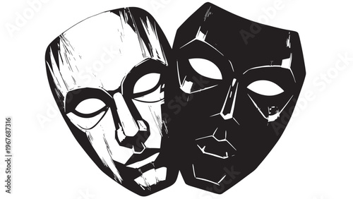 Two Black and White Masks Representing Drama and Comedy in Theater Art.