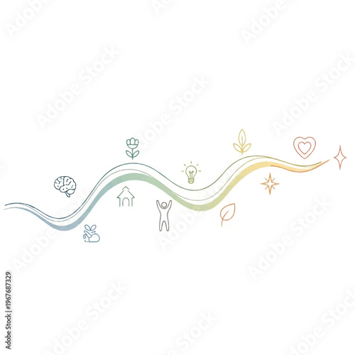 Colorful wavy line illustration with various icons and symbols on a white background in a vibrant and uplifting mood.