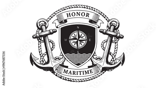 Maritime Honor Emblem Featuring Anchors and Shield with Nautical Symbols.