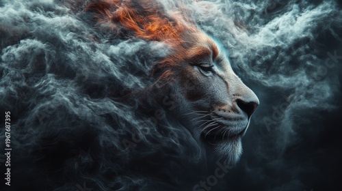 A lion's head emerges from a swirling cloud of smoke, its eyes closed in contemplation.