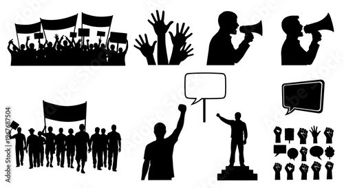 Protest, Activism, Rally, Demonstration, Speech, Speech Bubbles, Clenched Fists Icons
