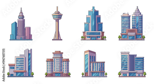 Flat Design Cityscape Icons: Modern Architecture Buildings and Towers