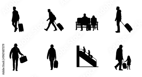 Airport travel silhouettes: people with luggage, escalators, benches, suitcases