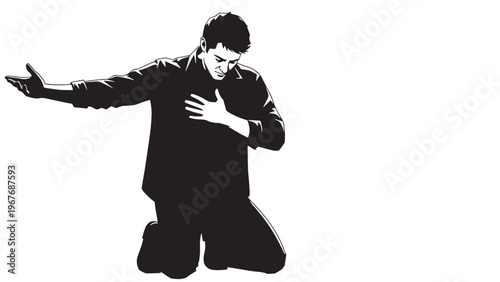 Silhouette of a man kneeling and reaching out with his hand in a dramatic pose.