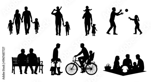 Family Silhouettes: Parents, Children, and Lifestyle Activities Vector Set