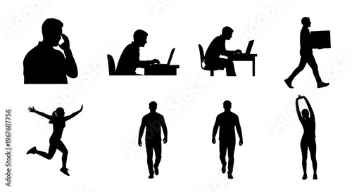 Black  White Silhouette Icons: People in Various Actions, Business, Fitness