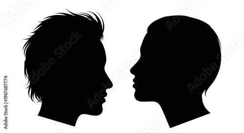 Two black silhouette profiles of people facing each other, communication concept, vector