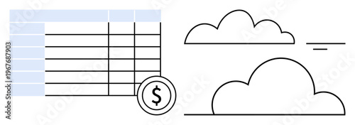 Cloud computing concept. Cloud computing linked with data tables and financial symbols. Cloud computing facilitates data storage, remote access, and financial management. Suitable for finance, IT
