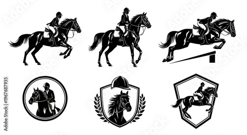 Equestrian Sports Horse Riding Silhouettes Vector Set - Horse Jumping  Polo Icons