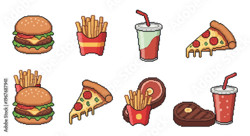 Pixel Art Fast Food and Meal Icons Set - Retro Game Style Restaurant Food