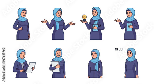 Flat Vector Corporate Muslim Businesswoman Character Set in Hijab