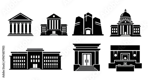 Black  White Glyph Icons of Government and Court Buildings