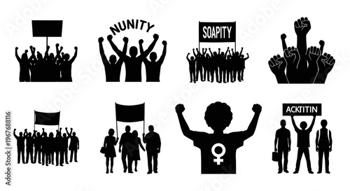 Activism Protest Silhouettes Set. Human Rights, Social Issues  Political Demonstration Vector Icons.