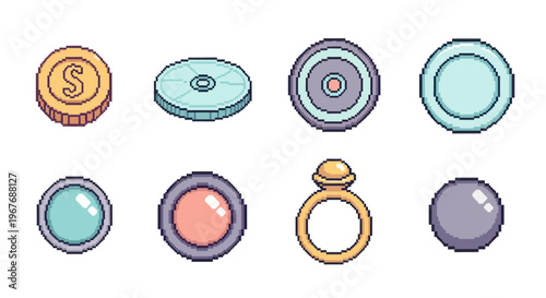 Gaming Pixel Art Icons Set: UI Elements, Collectibles, Money, Gems, Ring, Disc Assets