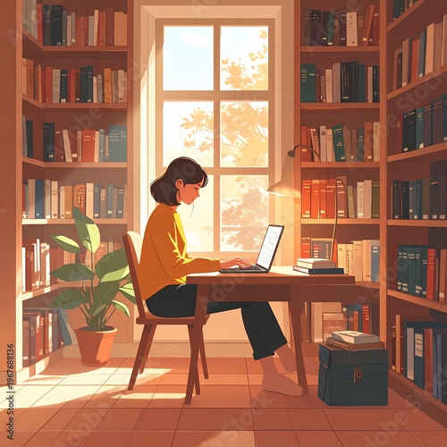 Young woman studying at a desk in a sunlit library.