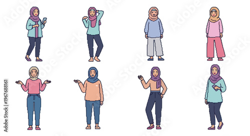Flat Vector Illustration Set: Diverse Muslim Women in Hijabs with Varied Poses