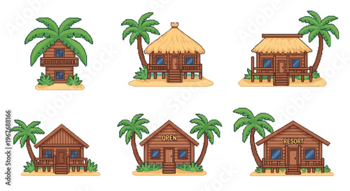 Pixel Art Tropical Beach Huts and Resort Buildings for Tourism  Travel Industry