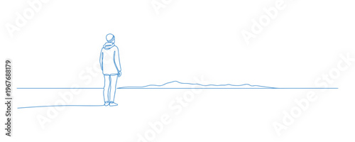 Continuous line vector drawing of man standing and observing horizon.