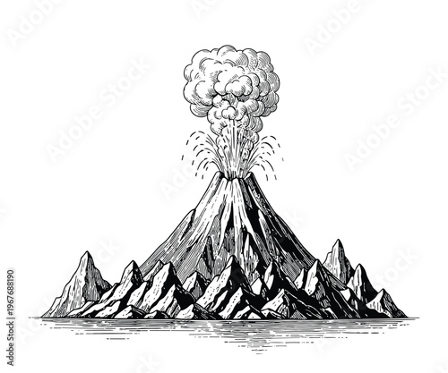 Big volcanic eruption vintage vector style drawing isolated on transparent background.