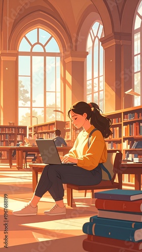 Young Woman Studying in a Grand Library with Warm Sunlight.
