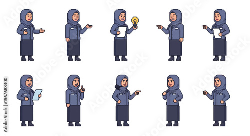 Pixel Art Muslim Woman Professional Character Set for Business and Education
